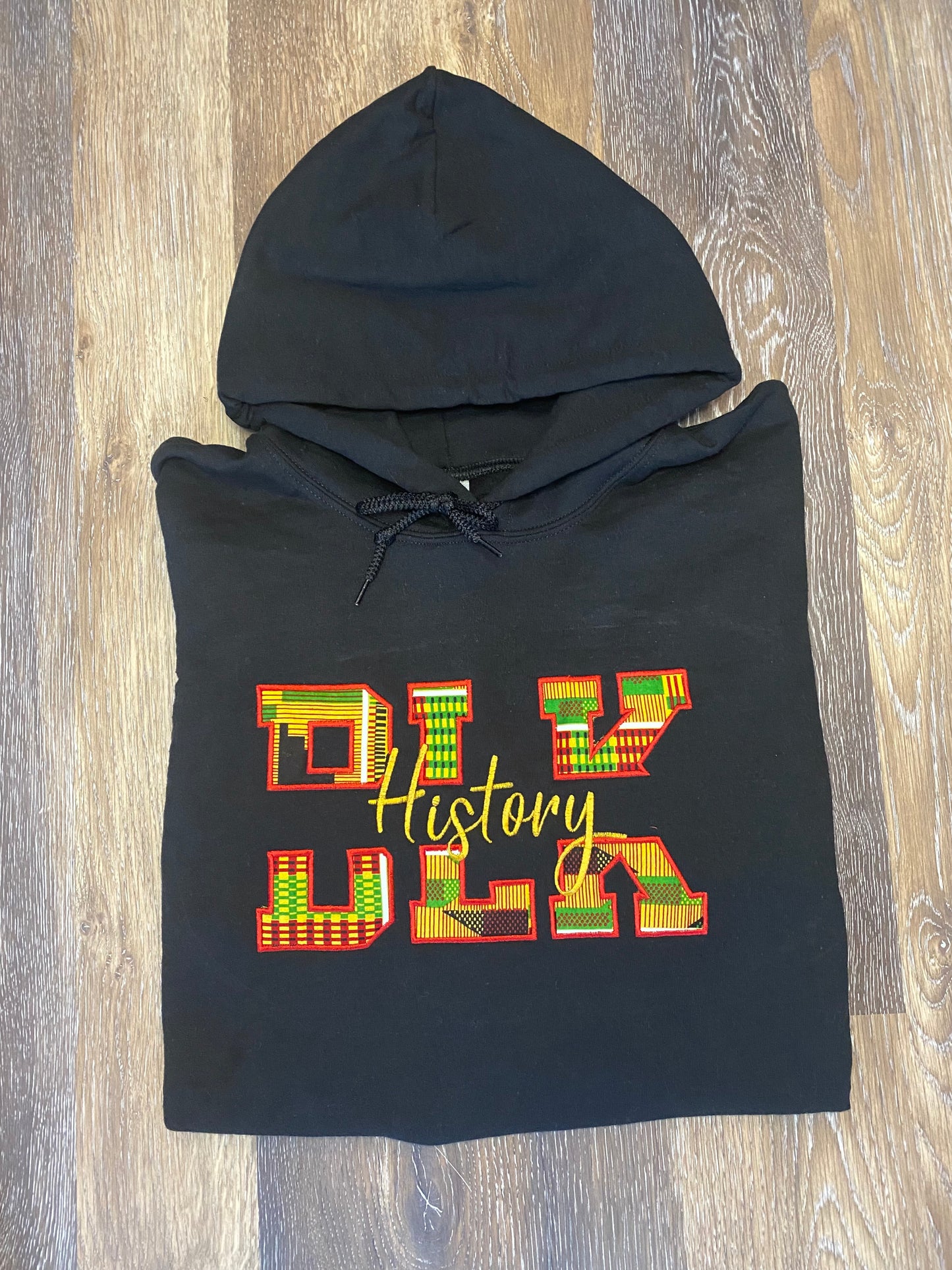 Black History Hoodie with Split Letters and African Patterned Fabric