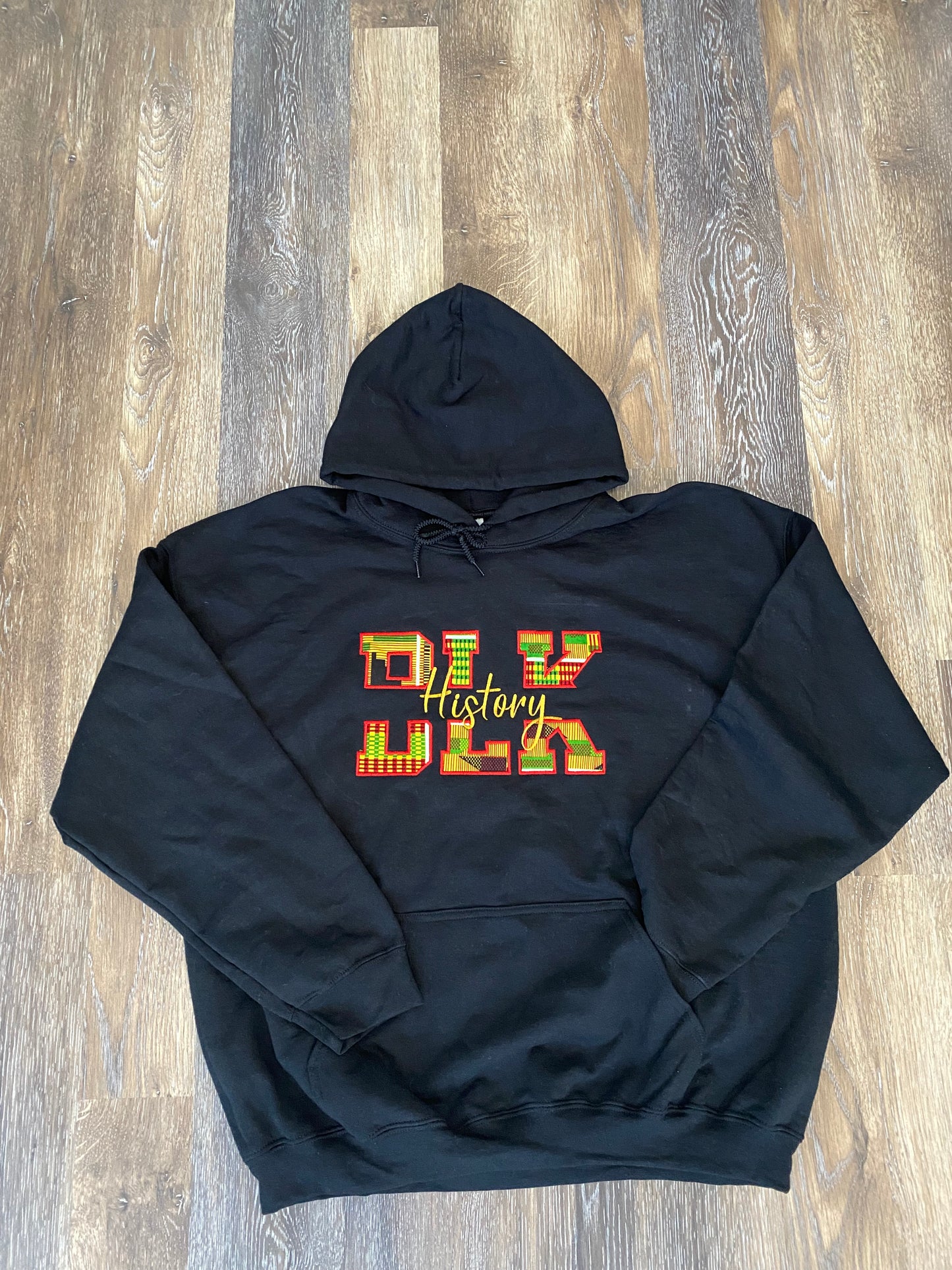 Black History Hoodie with Split Letters and African Patterned Fabric